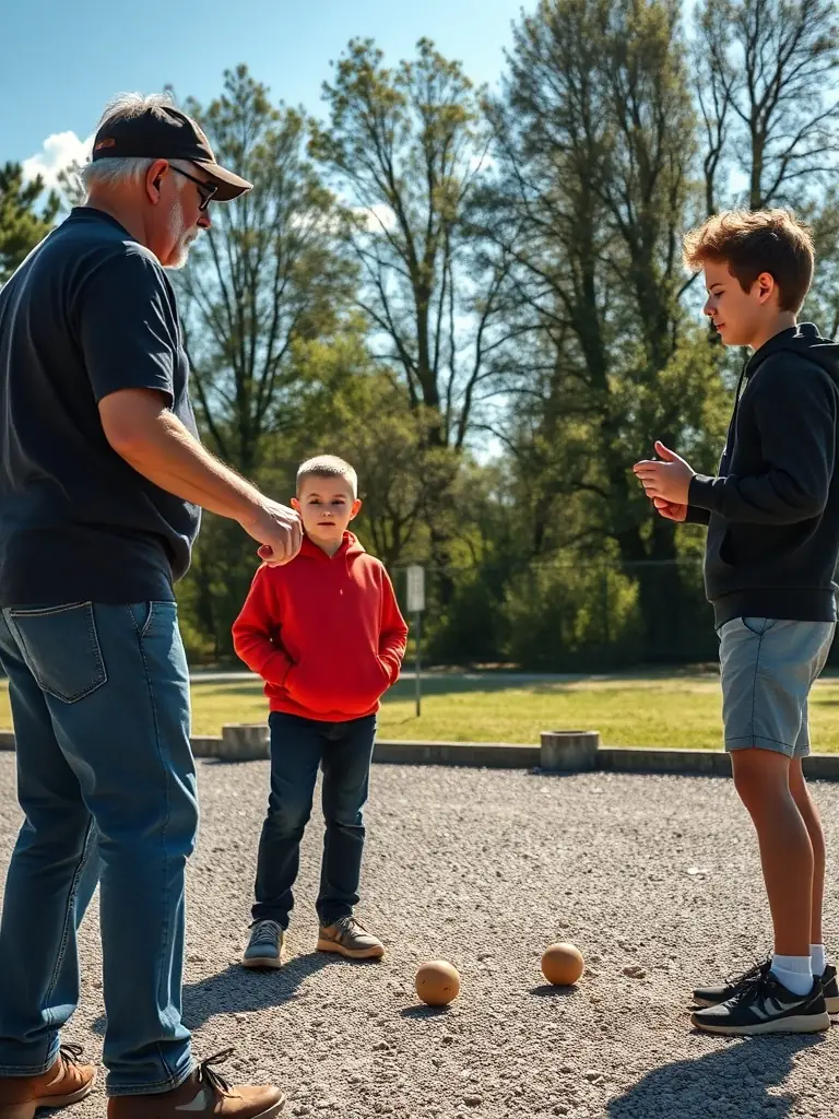 A photograph of a boules training session, with an experienced member guiding new participants on proper techniques and strategies.