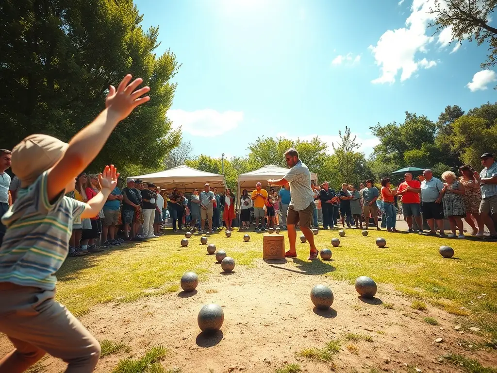 A dynamic shot of a boules tournament organized by ASSOCIATION BOULISTE GUINGAMPAISE, capturing the excitement and competitive spirit of the event.