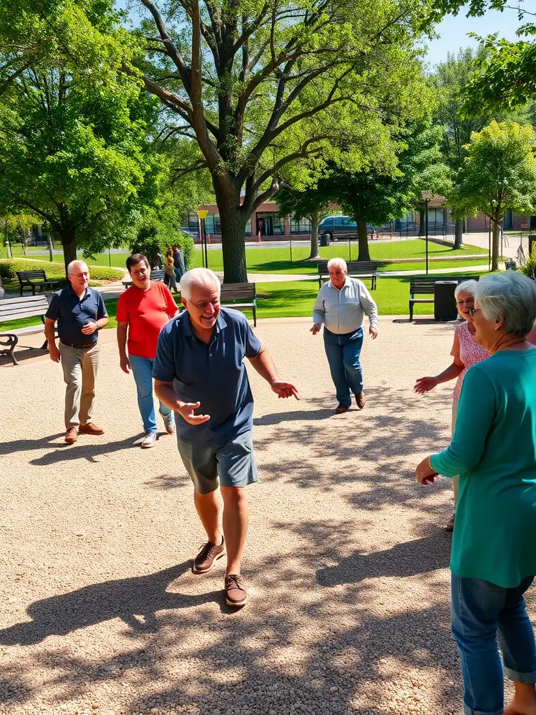 A photograph capturing a group of association members participating in a friendly boules game on a well-maintained terrain, showcasing the camaraderie and active engagement within the community.