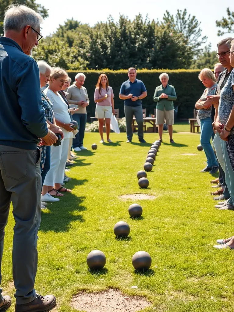 A photograph of a beginner's workshop, with new members learning the basics of boules from experienced instructors in a relaxed and supportive environment.