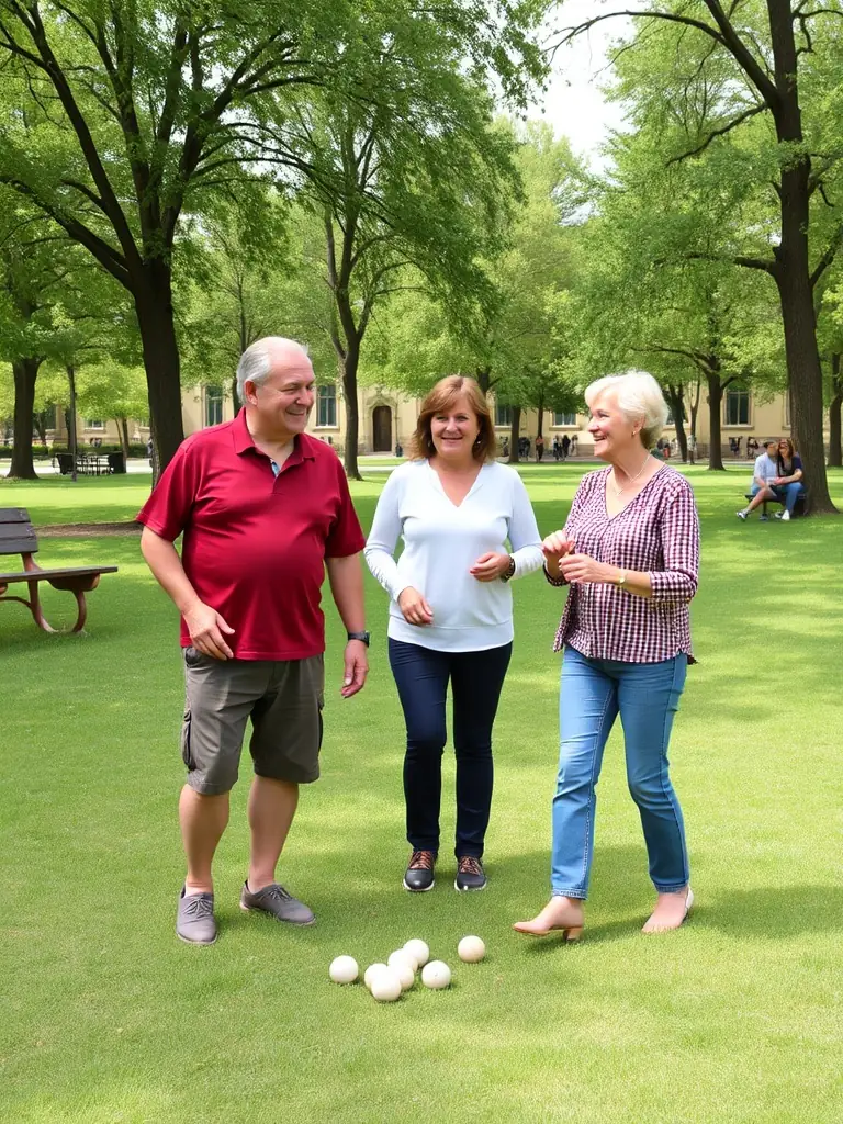 A photograph of members of ASSOCIATION BOULISTE GUINGAMPAISE participating in a friendly boules game at a local park, showcasing the camaraderie and social aspect of the sport.
