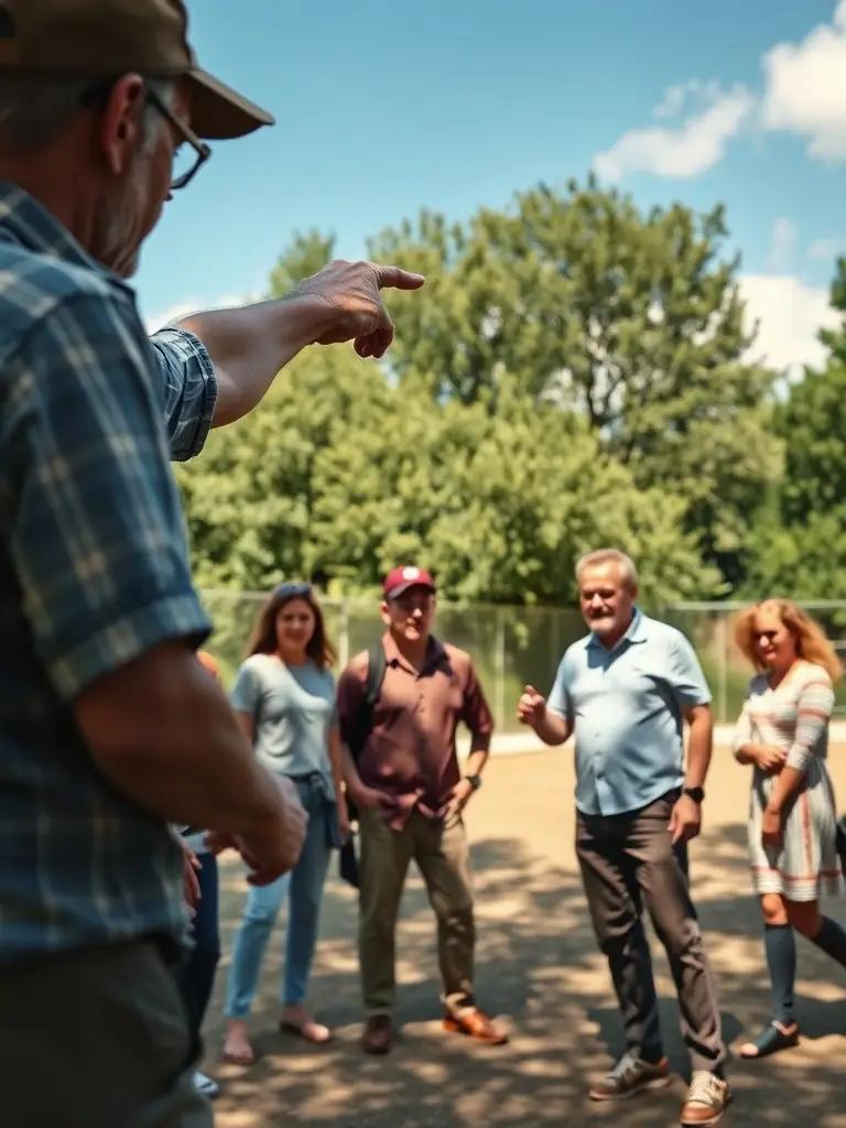 An image of a training session where experienced members are guiding new participants on boules techniques, highlighting the association's commitment to skill development and inclusivity.