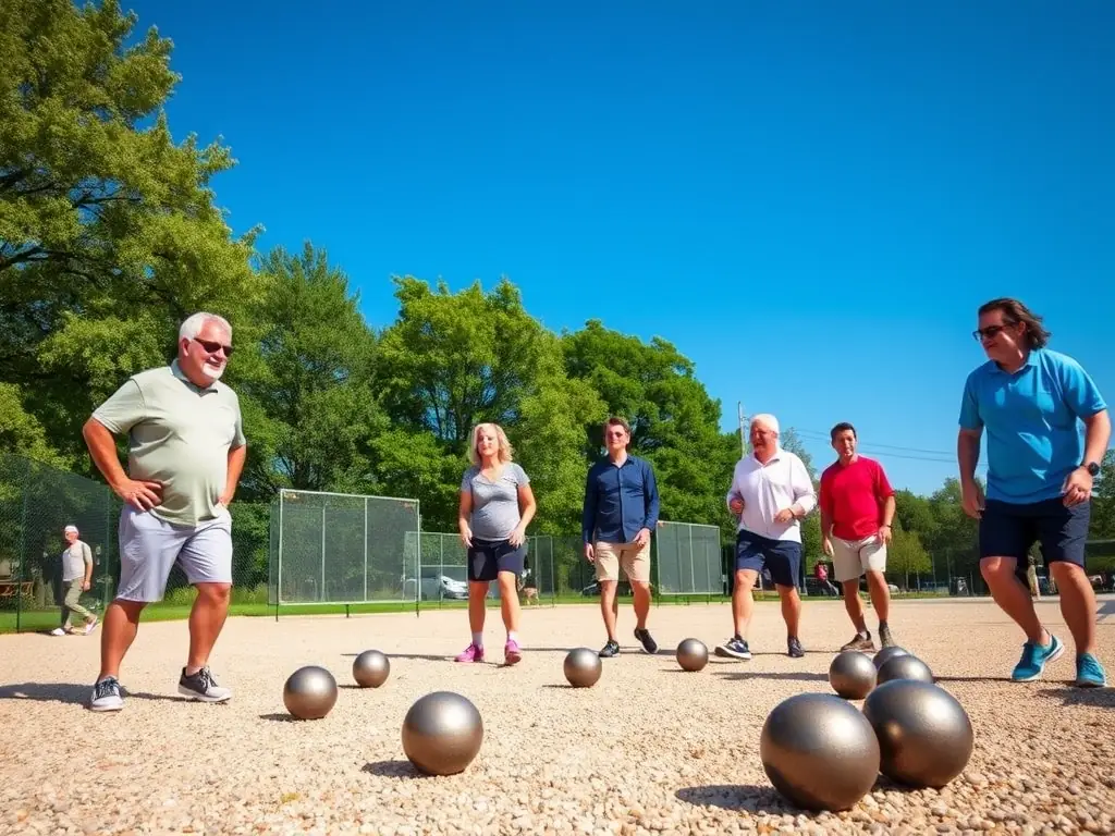 A vibrant image of association members participating in a friendly boules match on a well-maintained terrain, showcasing the social and recreational aspect of the sport.
