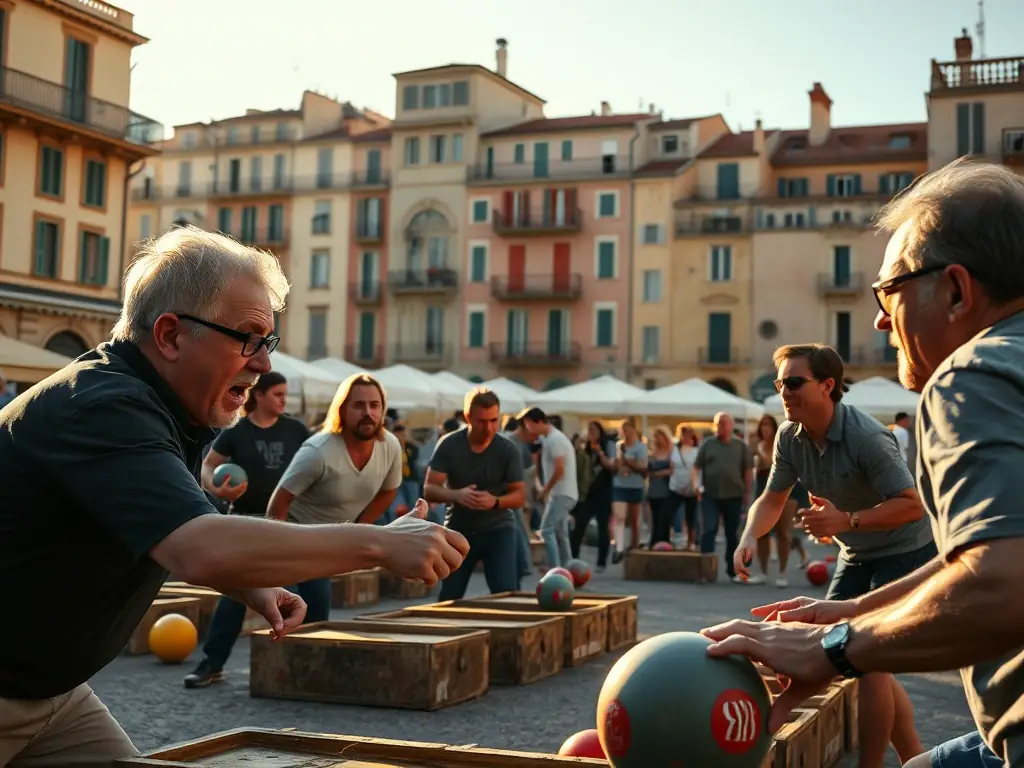 A dynamic image of a boules competition in progress, capturing the intensity and excitement of the game, with spectators cheering on the participants.