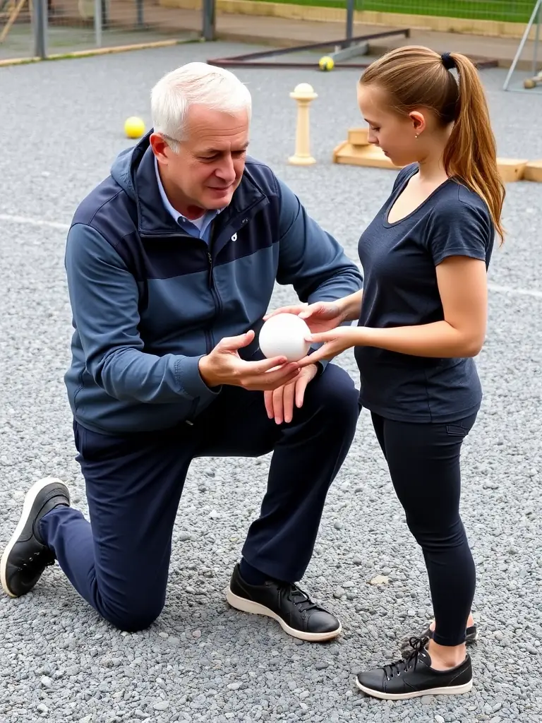 An image of new members being welcomed and taught the basics of boules, illustrating the association's inclusive and supportive environment.