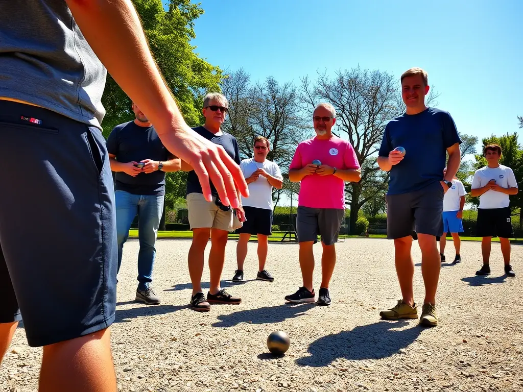A dynamic image of participants in a boules training workshop, focusing on technique and strategy, with an instructor providing guidance.
