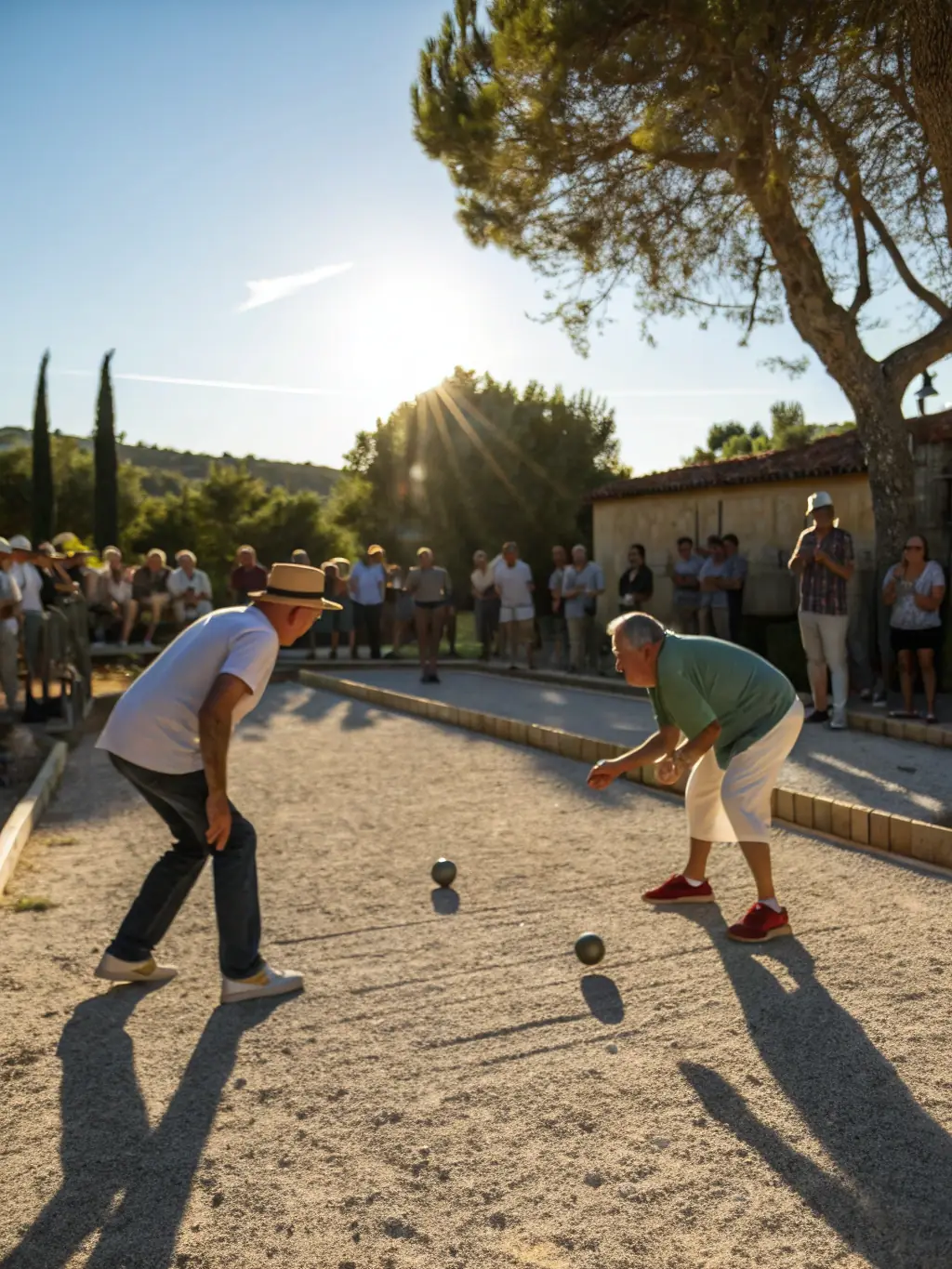 A photograph of a local boules competition organized by ASSOCIATION BOULISTE GUINGAMPAISE, showing participants in action and spectators cheering them on.