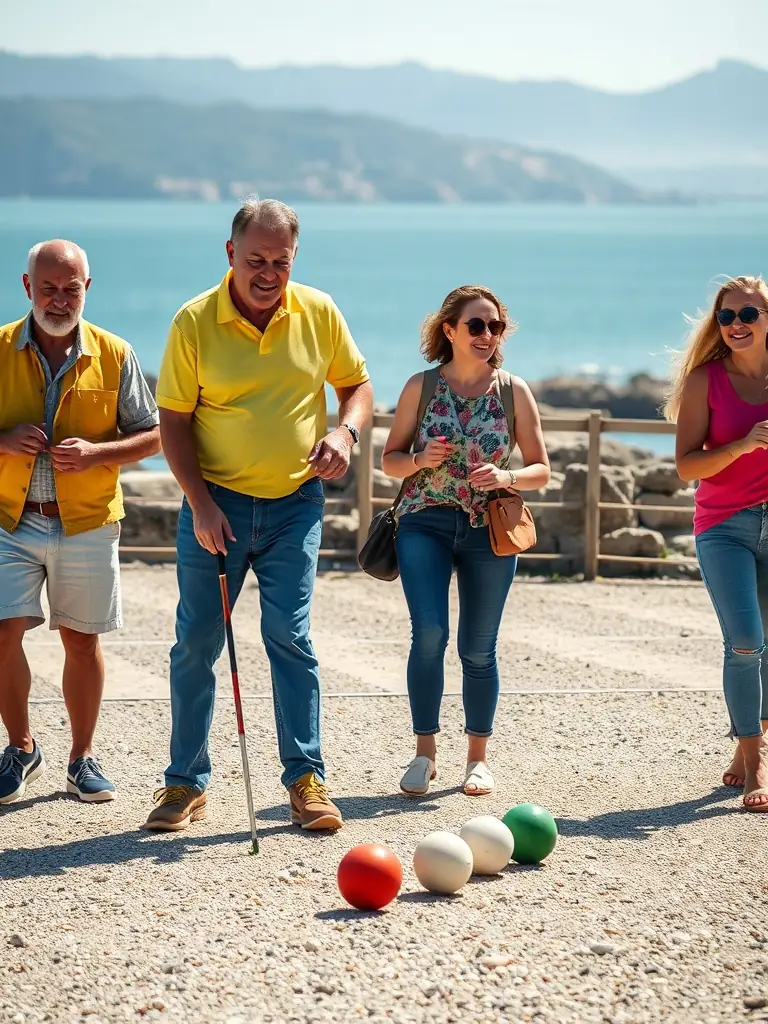 Image depicting a group of people participating in a boules practice session, focusing on the camaraderie and active engagement.