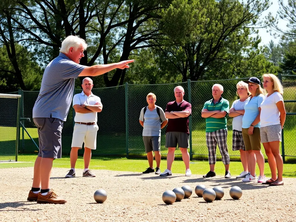 A photograph of ASSOCIATION BOULISTE GUINGAMPAISE members receiving training from a coach, focusing on improving their boules techniques.