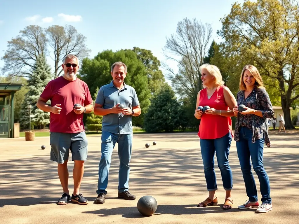A vibrant image of players engaged in a friendly boules match on a sunny day, with smiles and camaraderie evident among participants.
