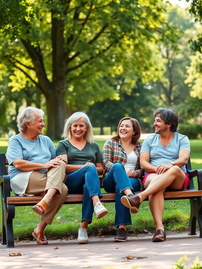 A group of ASSOCIATION BOULISTE GUINGAMPAISE members laughing and socializing during a boules game in a sunny park, emphasizing the fun and camaraderie of the sport.