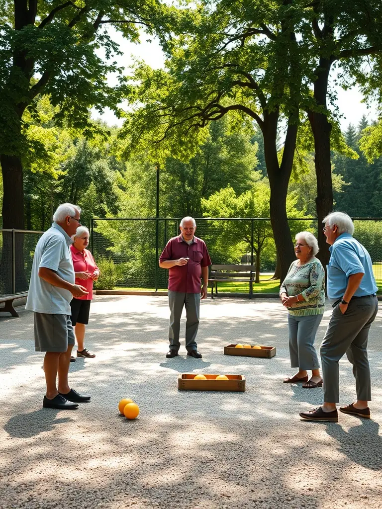 A group of members laughing and socializing during a friendly boules competition, emphasizing the camaraderie and fun aspects of the association.