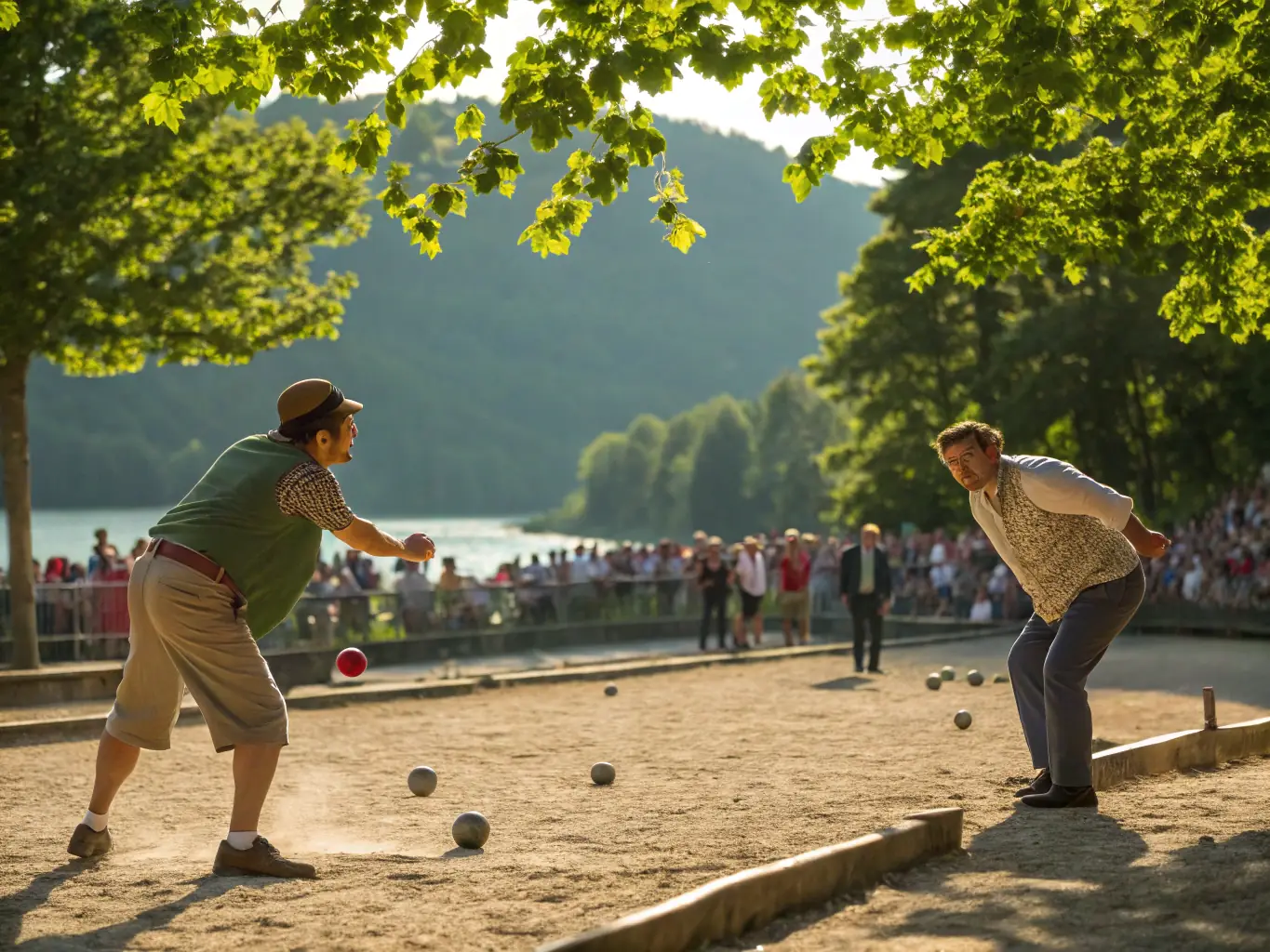 An image capturing the excitement of a boules tournament, with players focused and spectators cheering, highlighting the competitive spirit and community involvement.