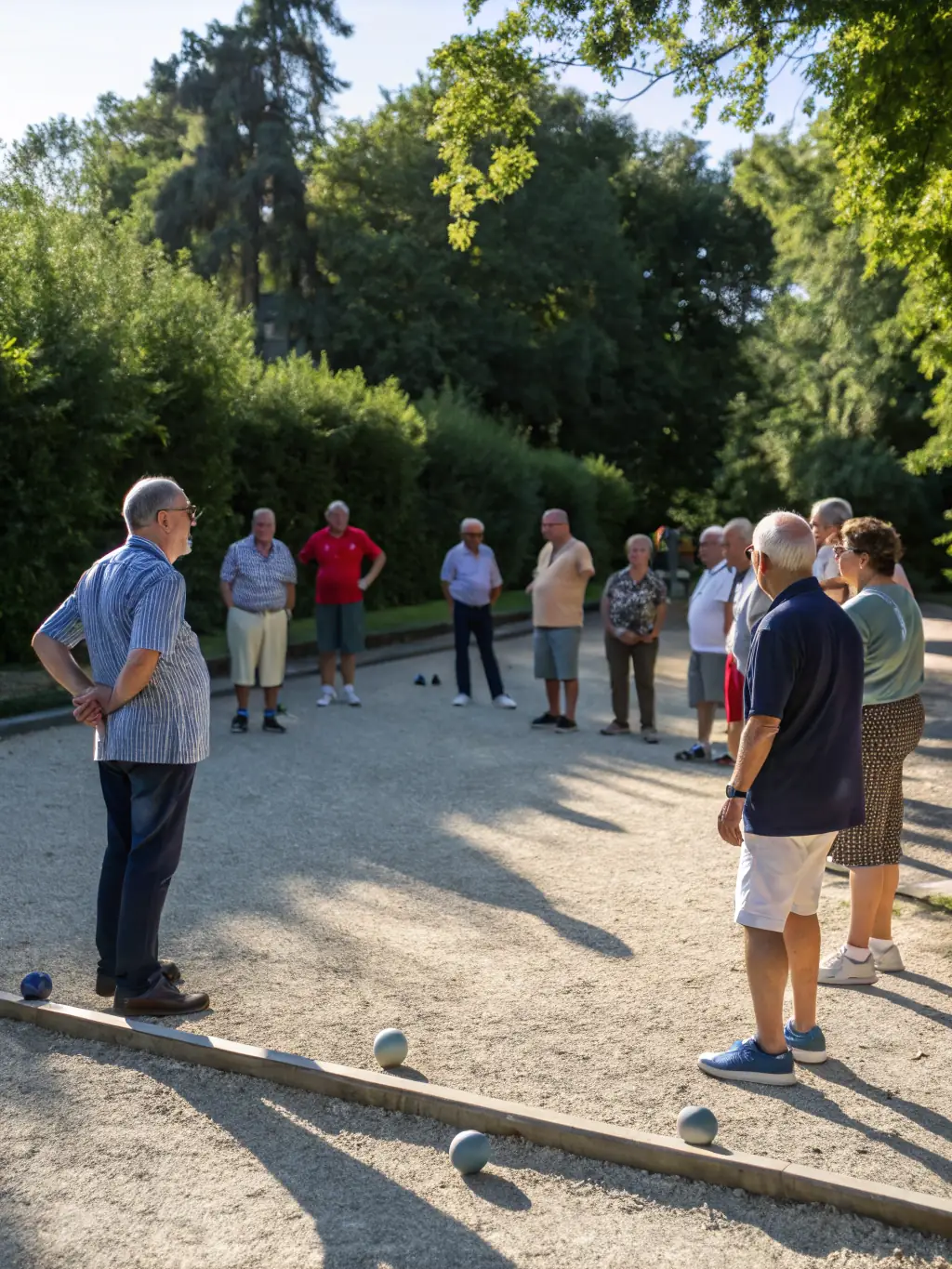 Image showcasing a training program with a coach providing guidance on boules techniques to participants.